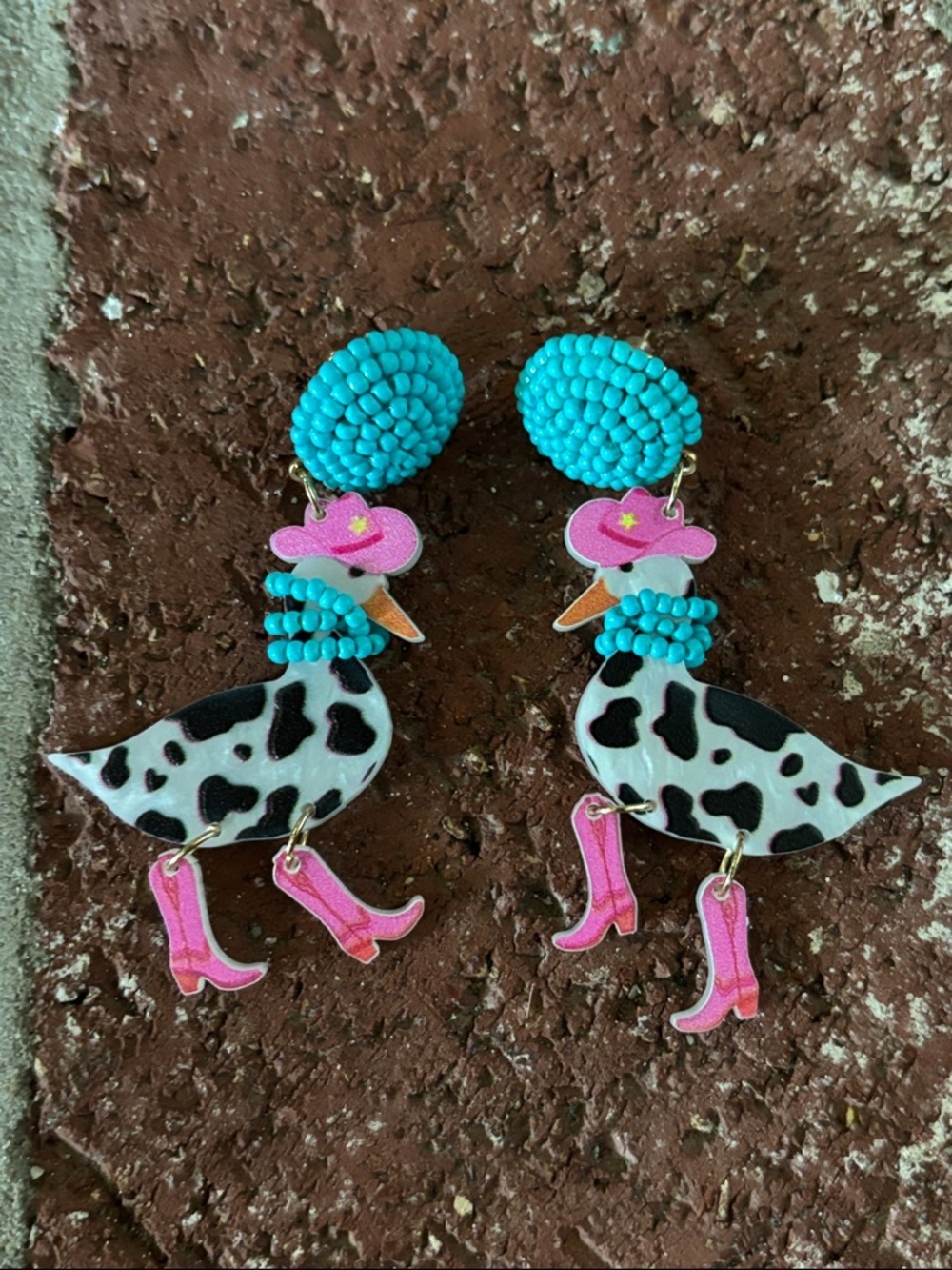 Whimsical Beaded Duck Dangle Earrings - Turquoise & Pink